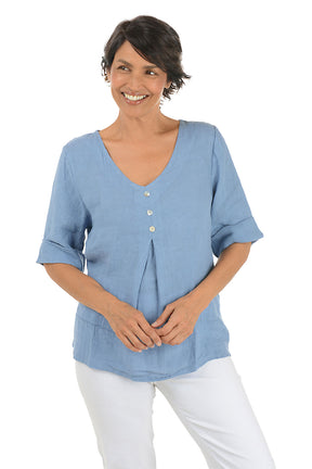 Triple Button Pleated Front Linen Blouse