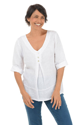 Triple Button Pleated Front Linen Blouse