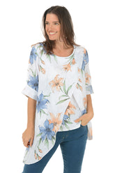 White Floral Layered Asymmetrical Linen Blouse