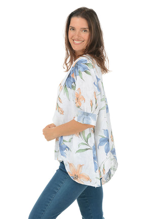 White Floral Layered Asymmetrical Linen Blouse