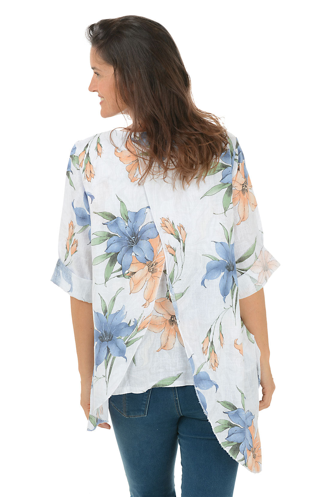 White Floral Layered Asymmetrical Linen Blouse