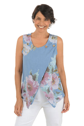 Chambray Floral Sleeveless Linen Blouse