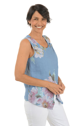 Chambray Floral Sleeveless Linen Blouse