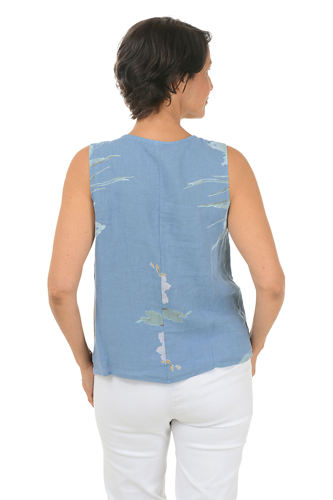 Chambray Floral Sleeveless Linen Blouse