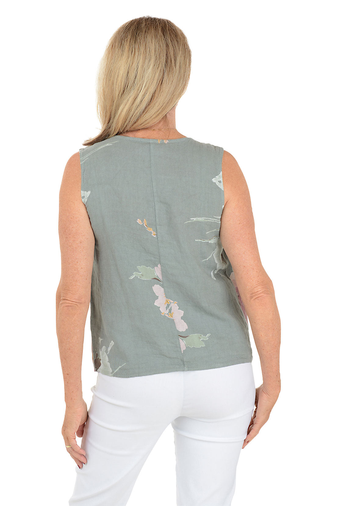 Grey Floral Sleeveless Linen Blouse