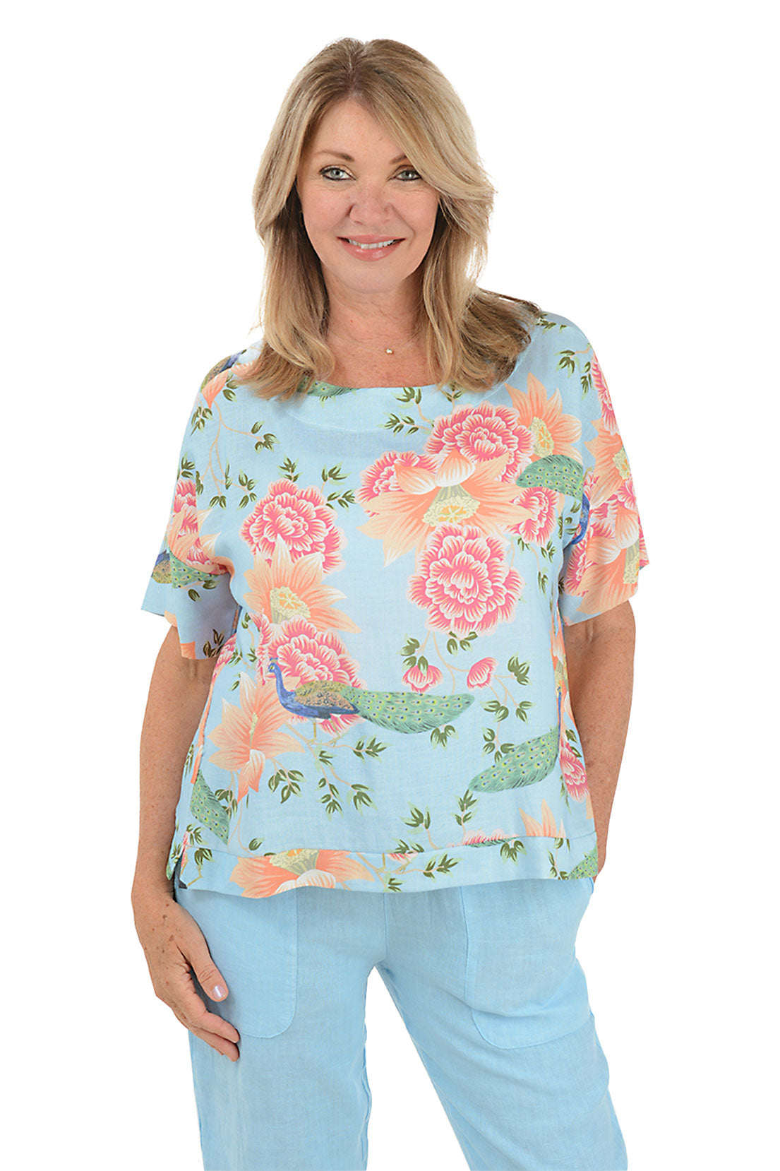 Sky Blue Peacock Garden Linen Blouse