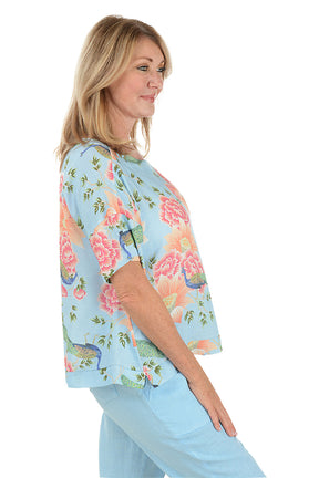 Sky Blue Peacock Garden Linen Blouse