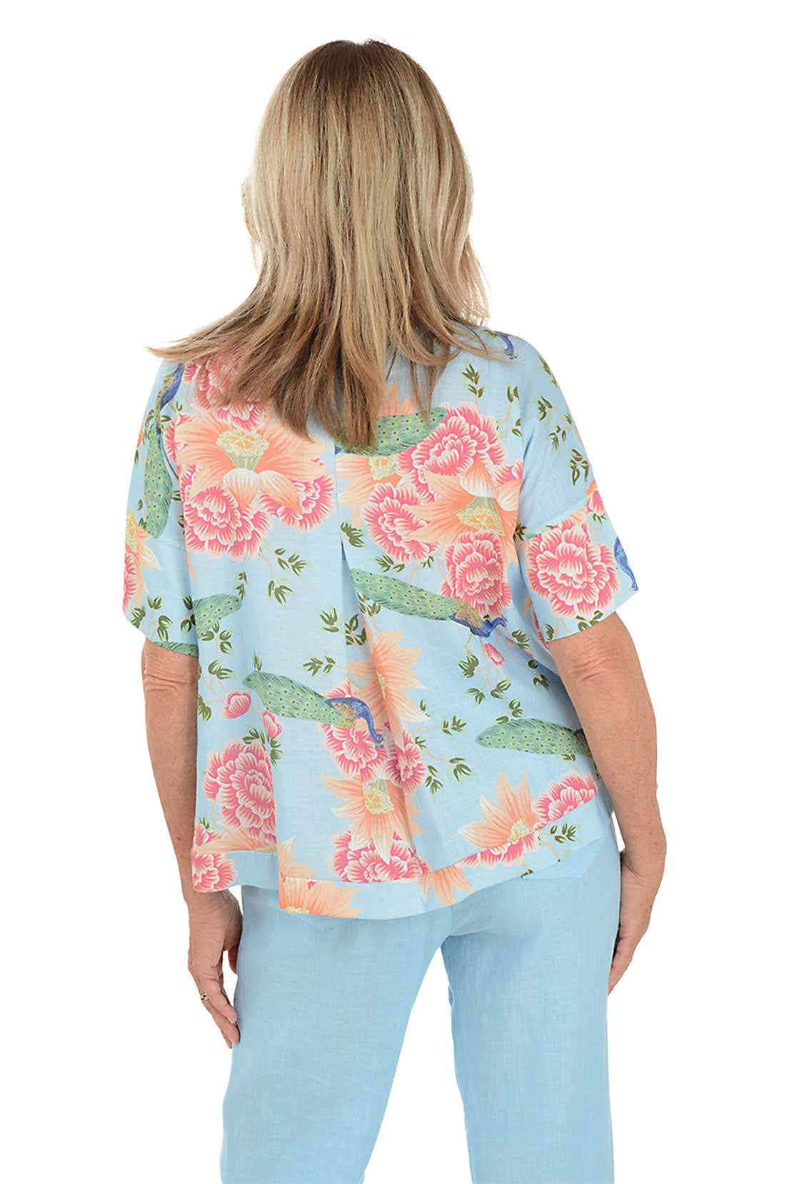 Sky Blue Peacock Garden Linen Blouse