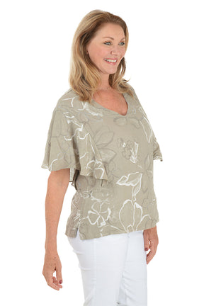 Taupe Floral Flutter Sleeve Linen Blouse