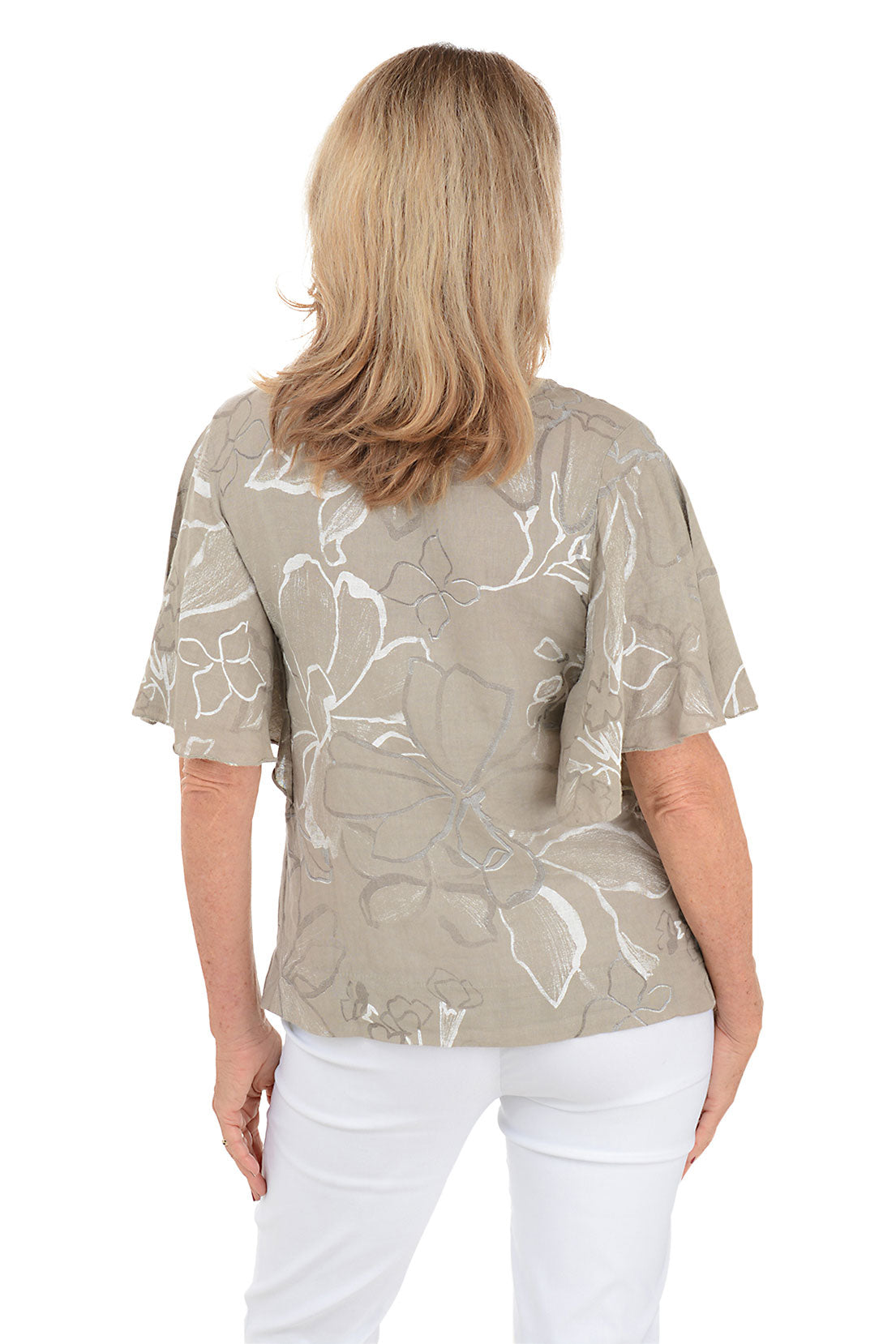 Taupe Floral Flutter Sleeve Linen Blouse