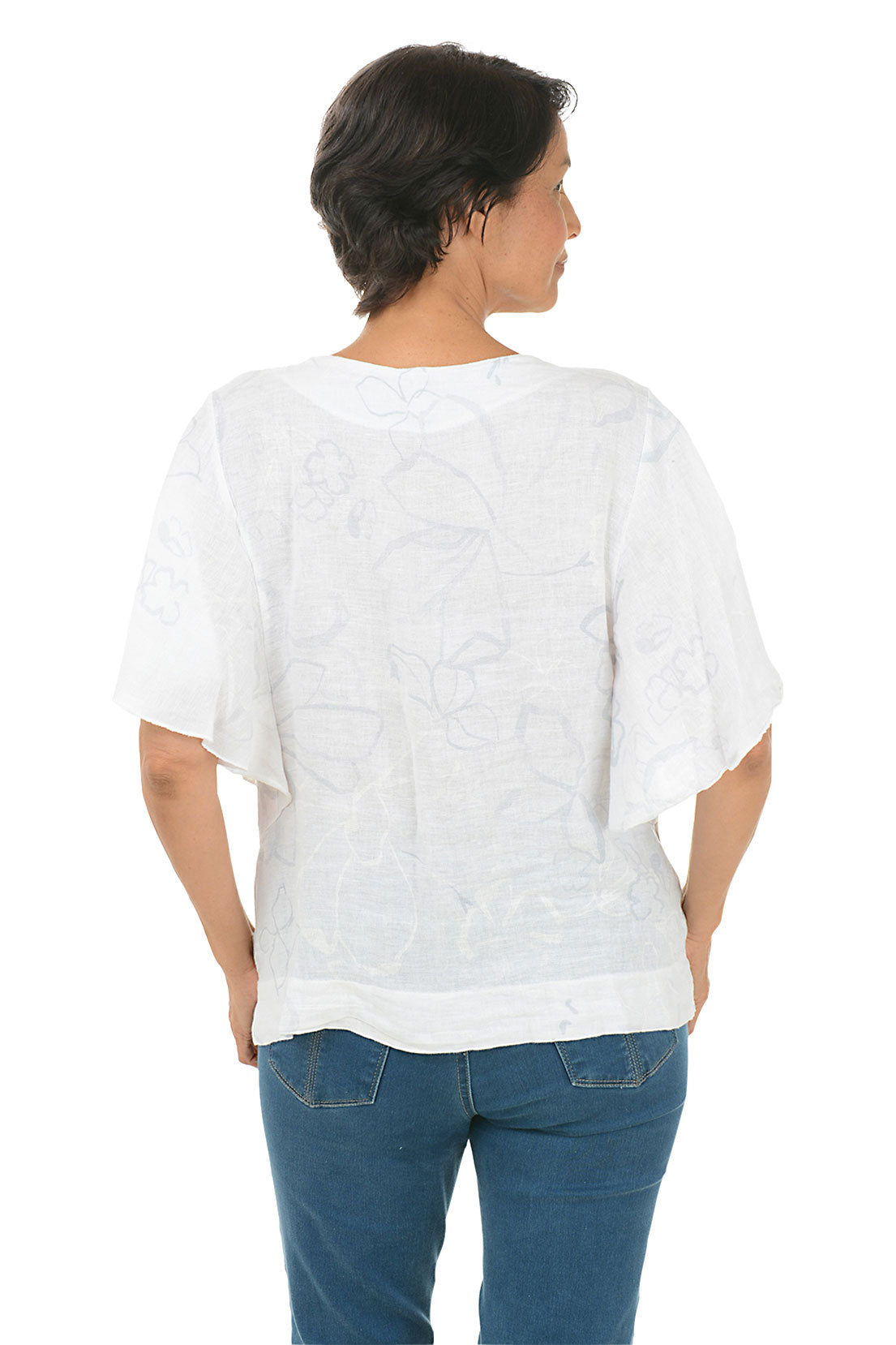 White Floral Flutter Sleeve Linen Blouse