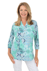 Blue Jade Pleated Patch Print Top