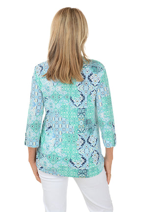 Blue Jade Pleated Patch Print Top