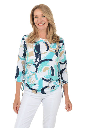 Jade Painted Loops Side Shirred Knit Top