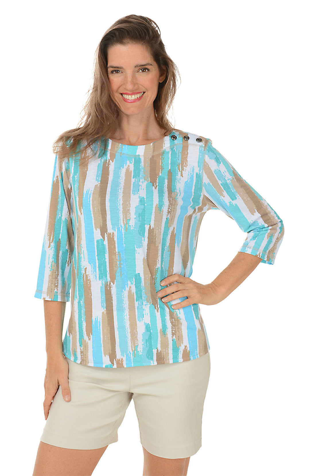 Aqua Brushstroke Stripe Button Shoulder Top