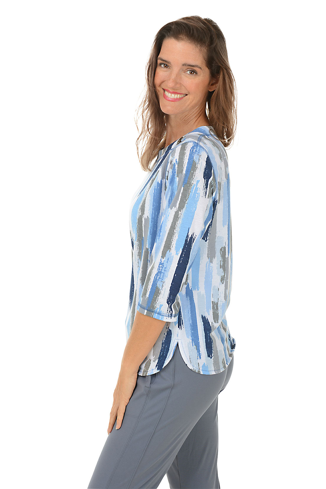 Blue Brushstroke Stripe Button Shoulder Top