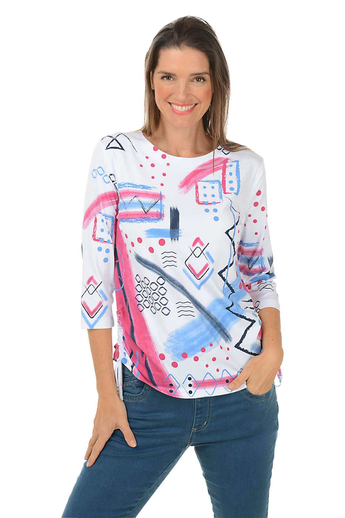 Petite Pink Abstract Diamonds Side Shirred Top