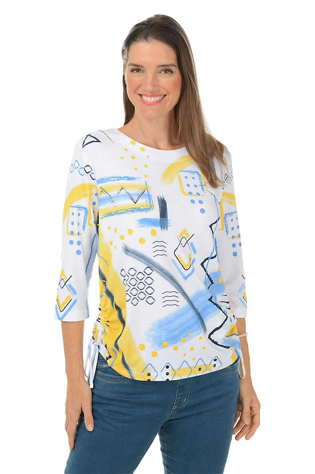 Petite Yellow Abstract Diamonds Side Shirred Top