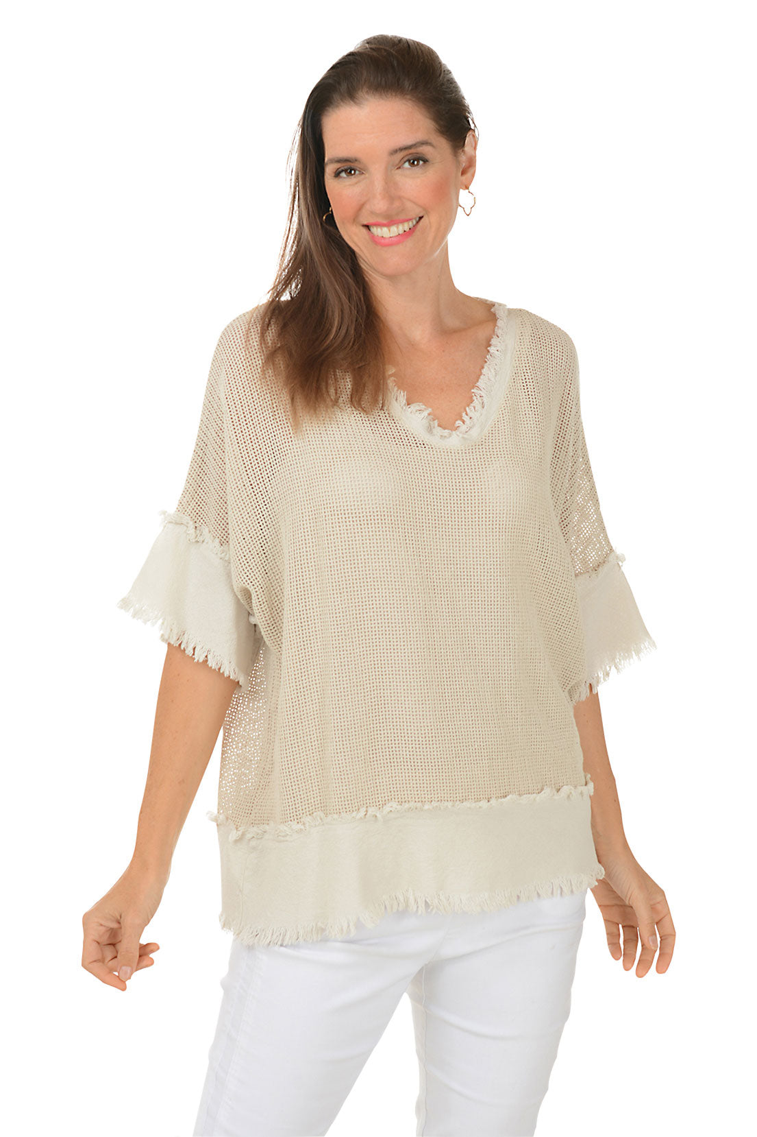 Frayed Trim Cotton Mesh Top