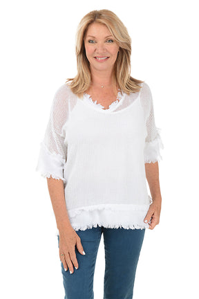 Frayed Trim Cotton Mesh Top