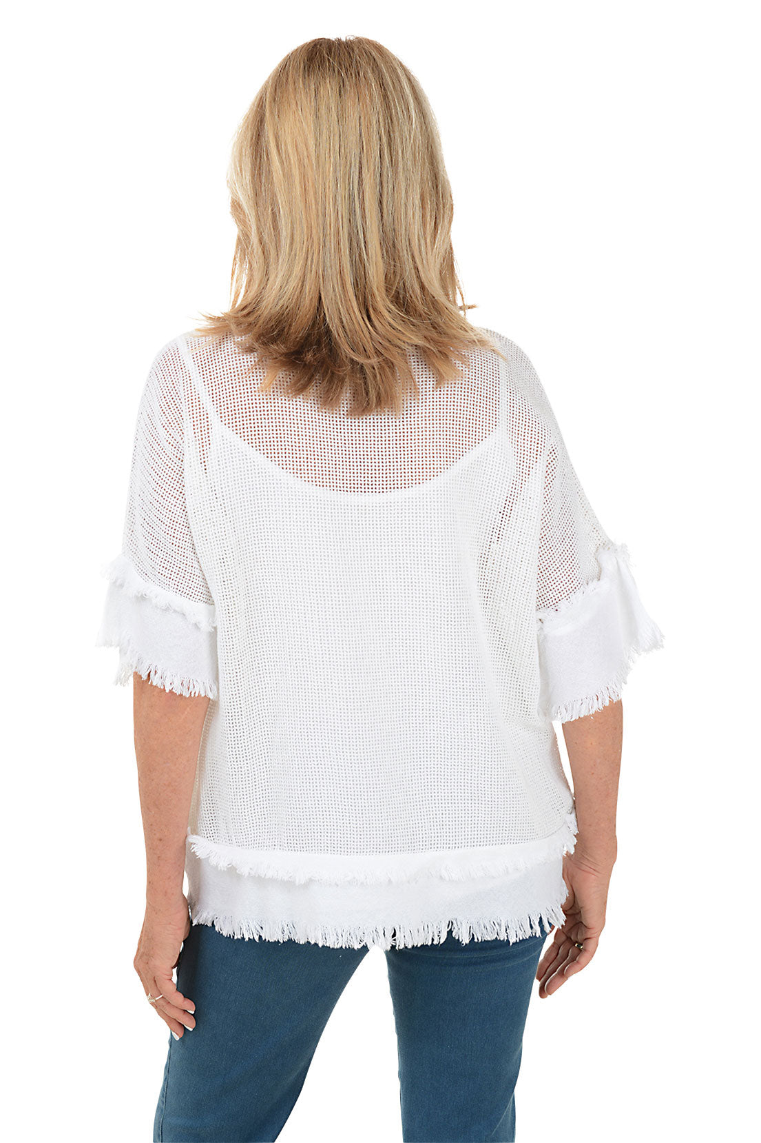 Frayed Trim Cotton Mesh Top