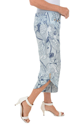 Blue Floral Triple Button Linen Crop Pant