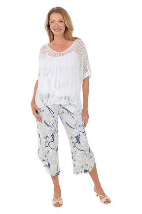 White Floral Triple Button Linen Crop Pant