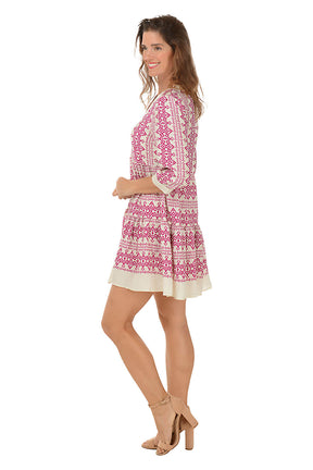 Magenta Bohemian 3/4 Sleeve Tiered Dress