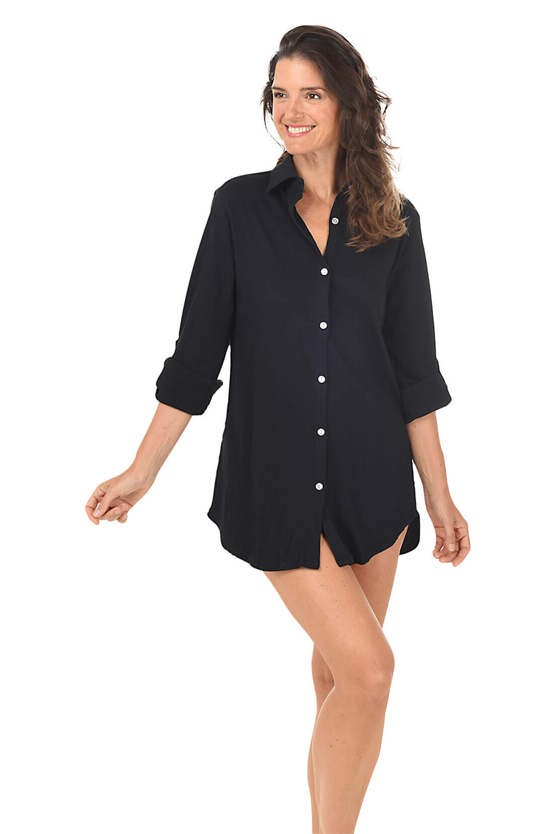 Crinkle Button-Front Shirt Cover-Up