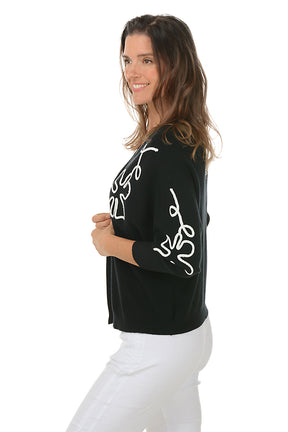 Black Linear Floral Ribbed Cardigan