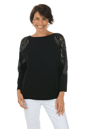 Ornate Beaded Mesh Sleeve Sweater