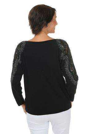 Ornate Beaded Mesh Sleeve Sweater