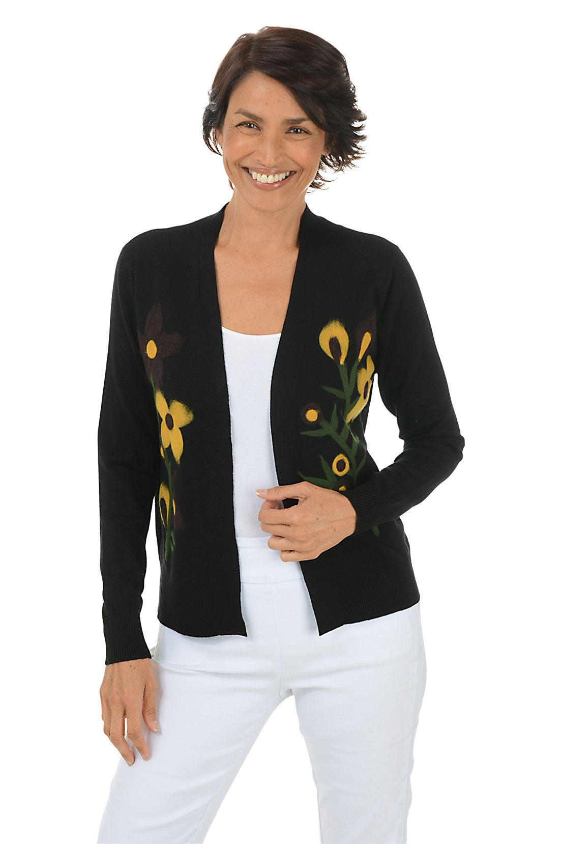 Black Felted Flower Buds Open Cardigan