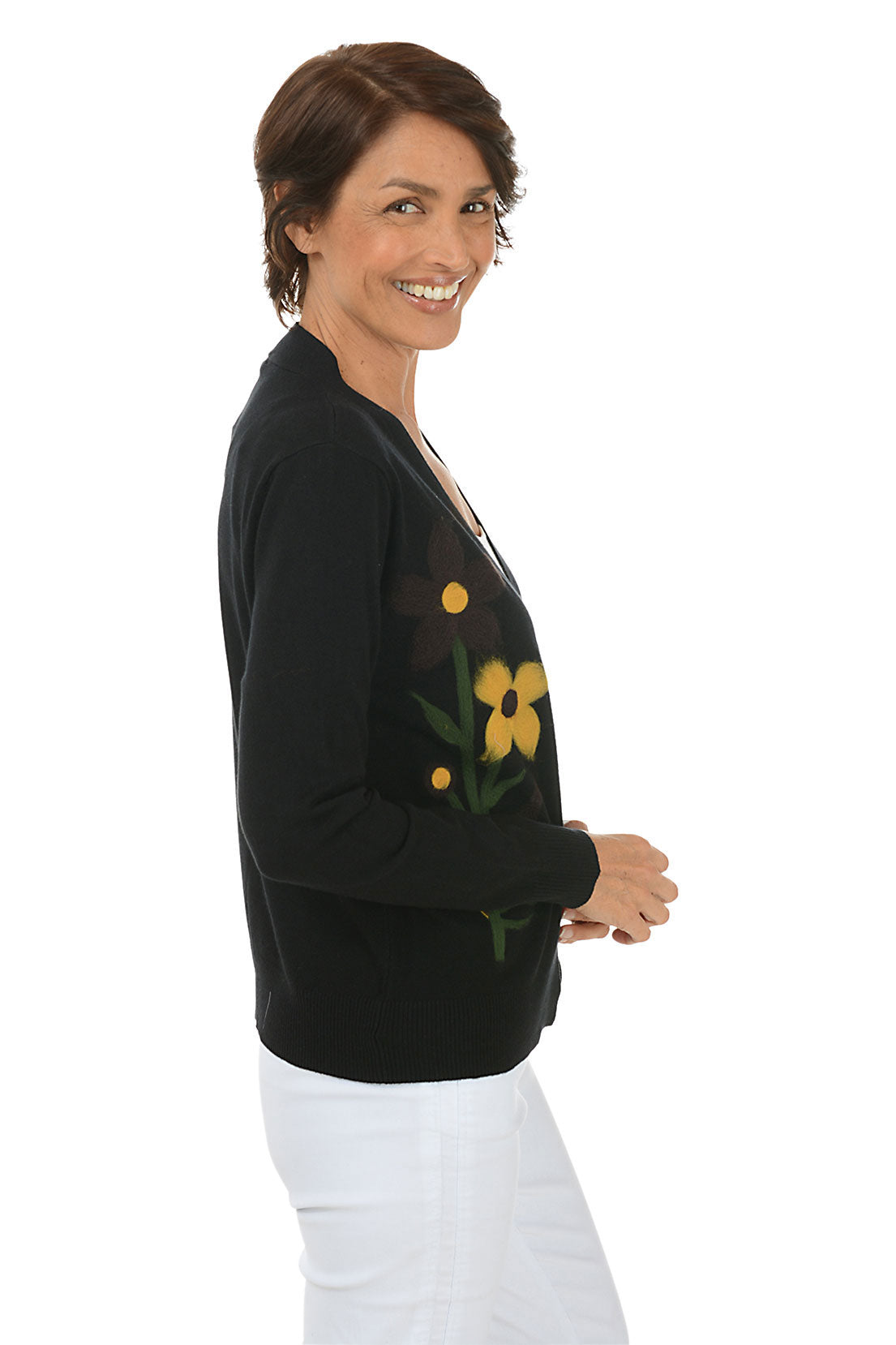 Black Felted Flower Buds Open Cardigan