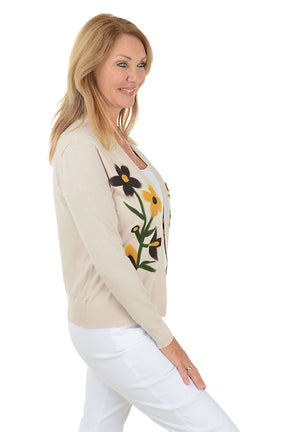 Winter White Felted Flower Buds Open Cardigan