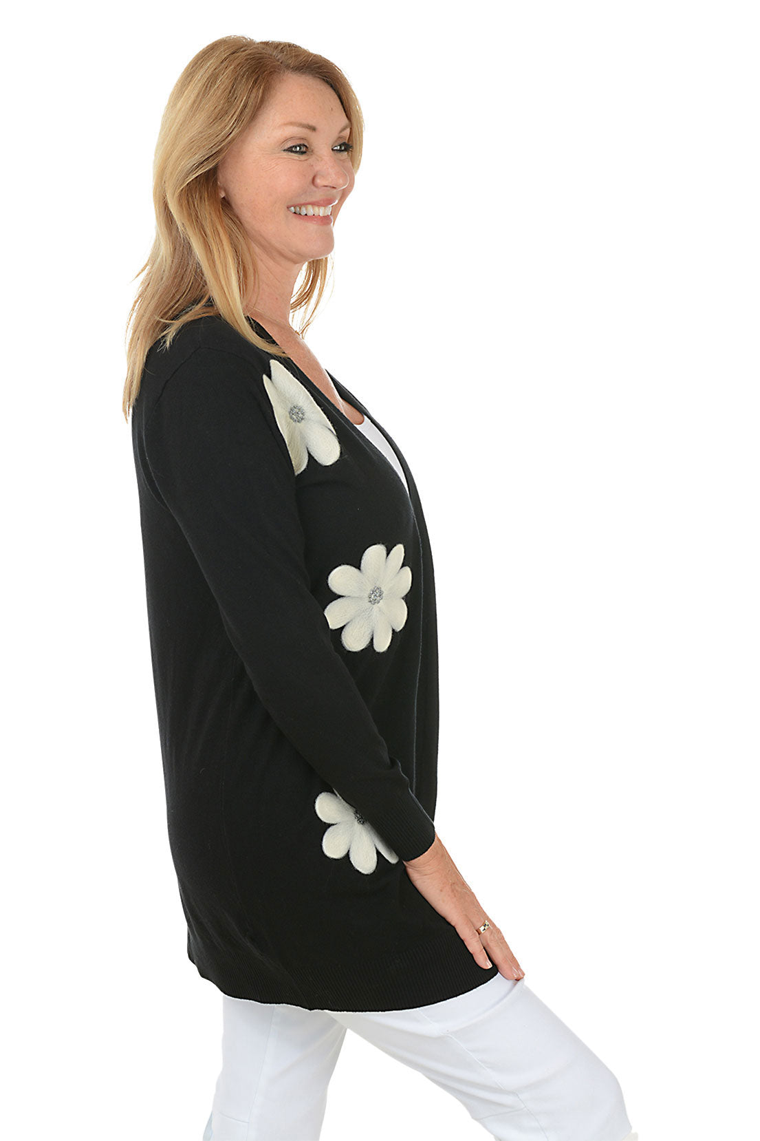 Black Felted Daisies Duster Cardigan