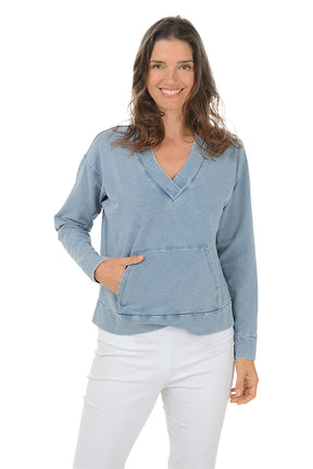 Denim French Terry V-Neck Sweatshirt