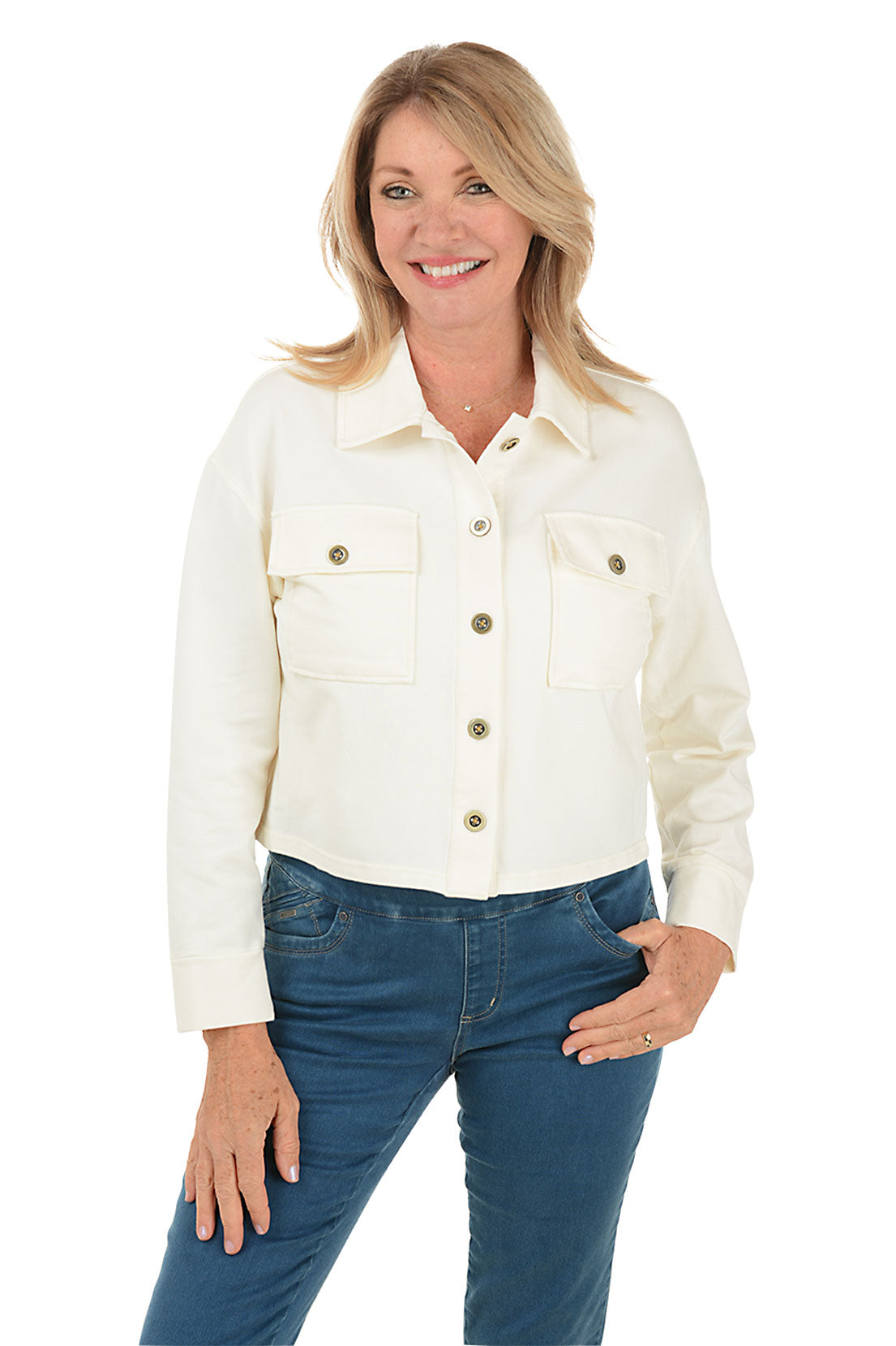 French Terry Cropped Button-Front Shirt