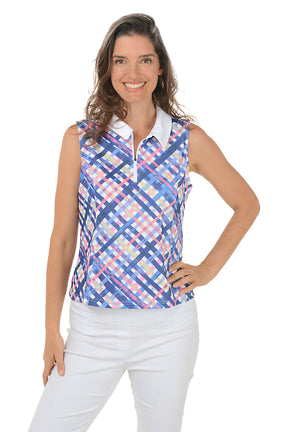 Sporty Plaid UPF50+ Sleeveless Polo Top