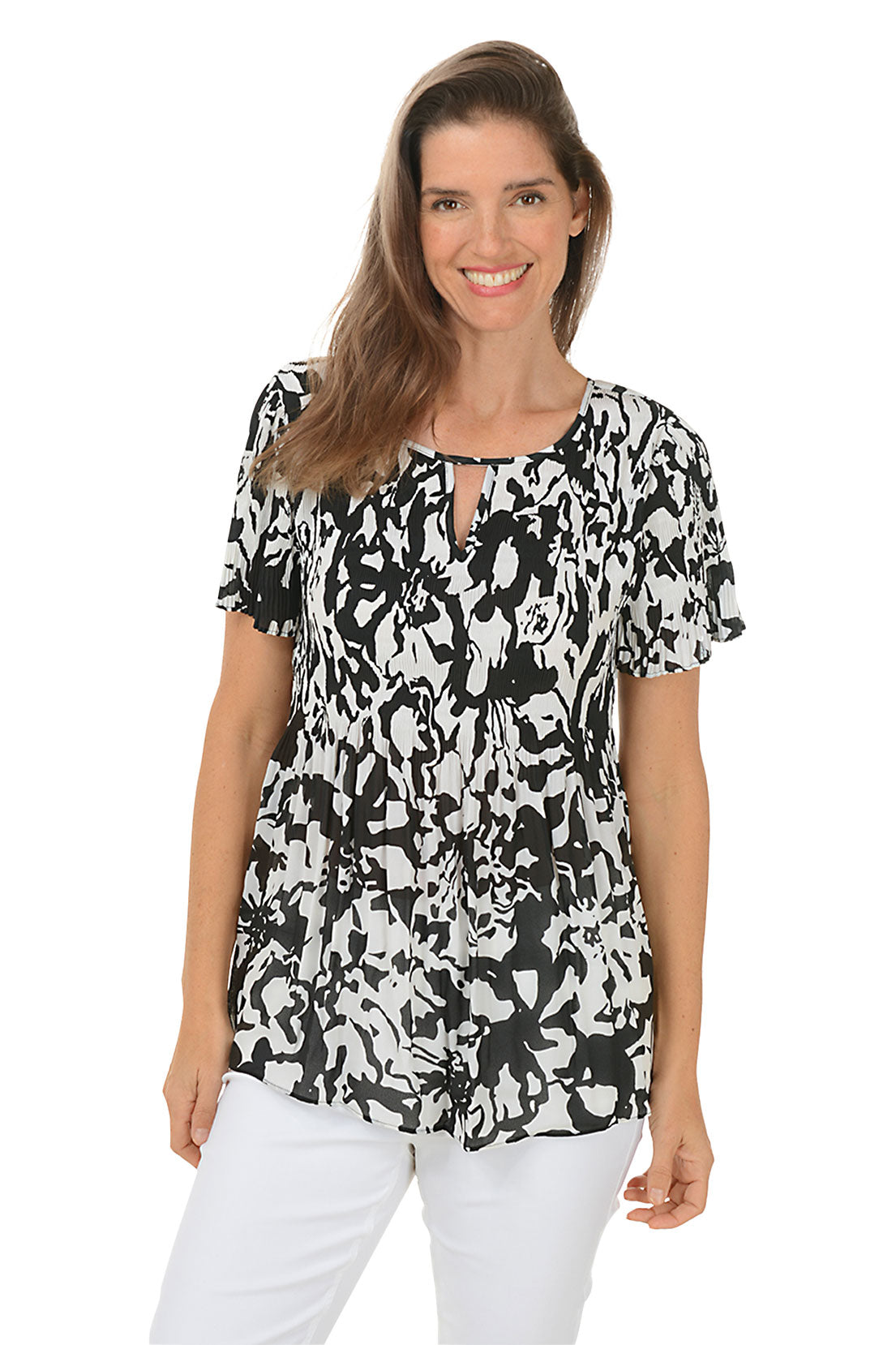 Bold Blossoms Keyhole Pleated Blouse