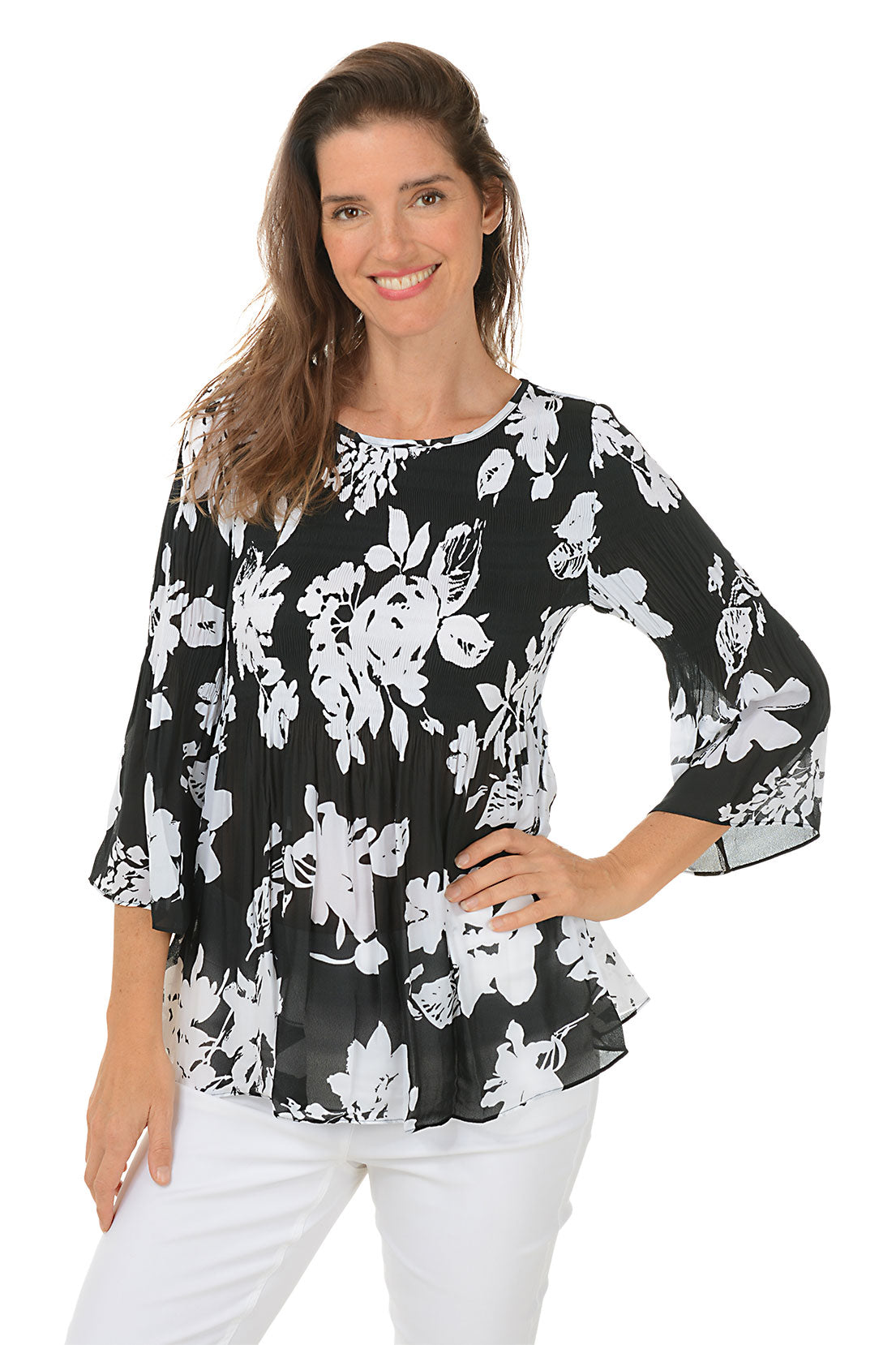 Nighttime Garden Pleated Bell Sleeve Blouse