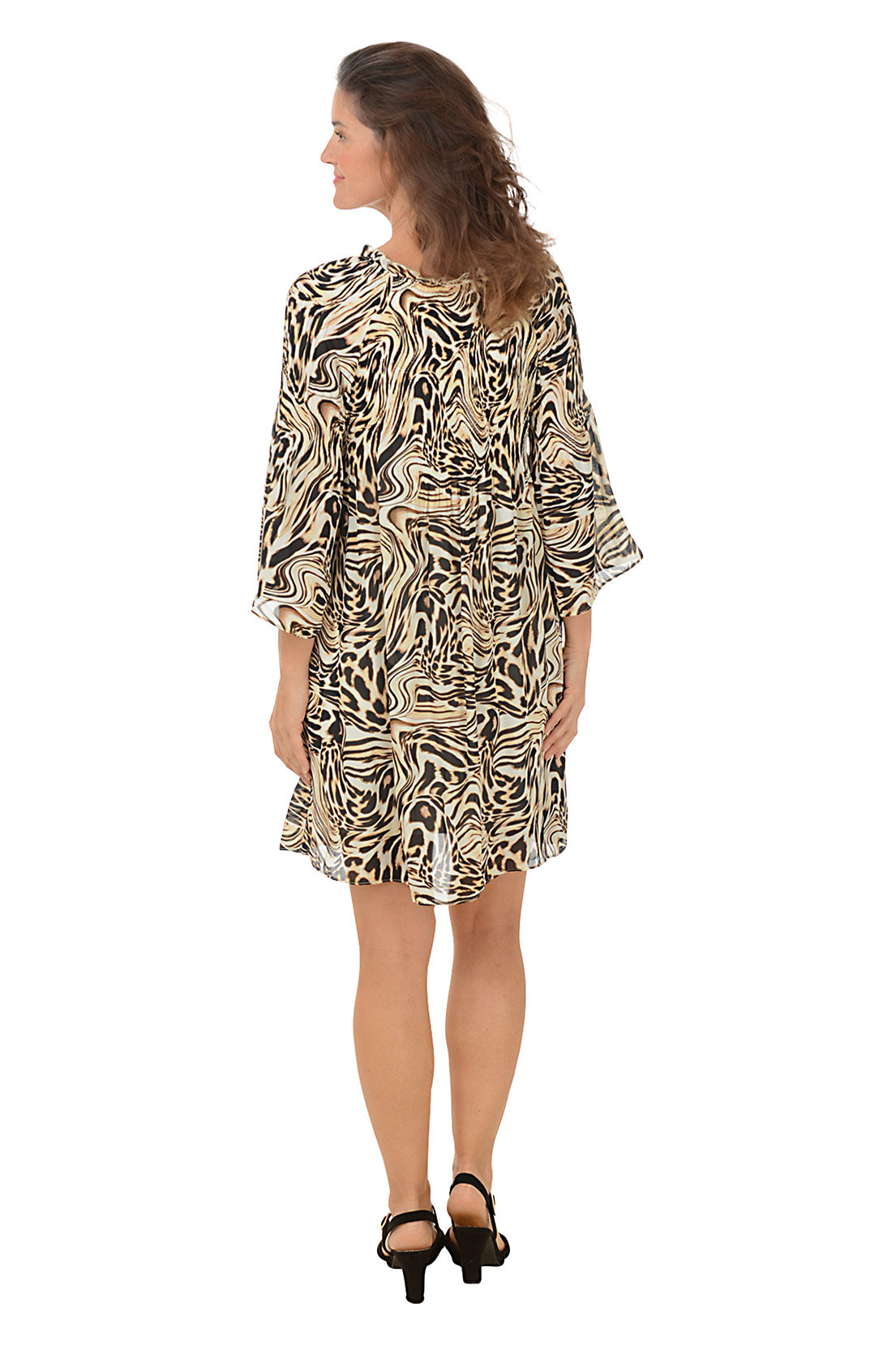 Swirled Animal Pleated Bell Sleeve Dress