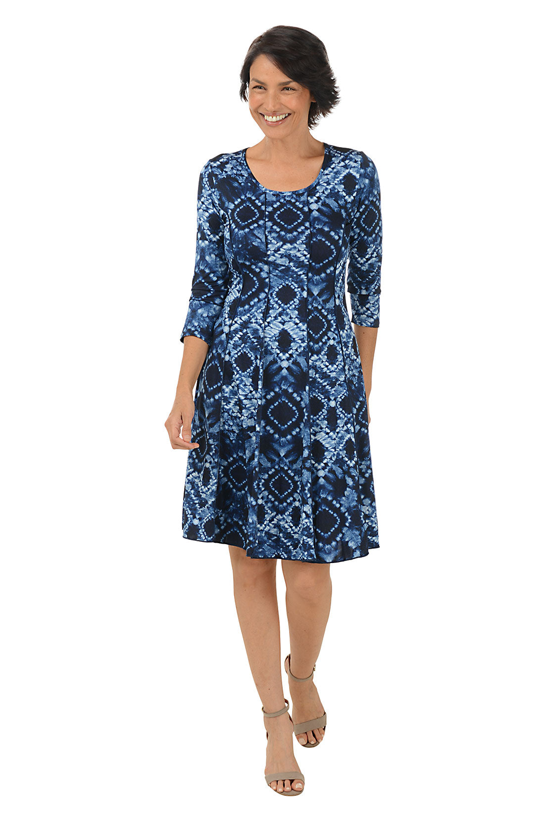 Diamond Tie-Dye Seamed 3/4 Sleeve Dress