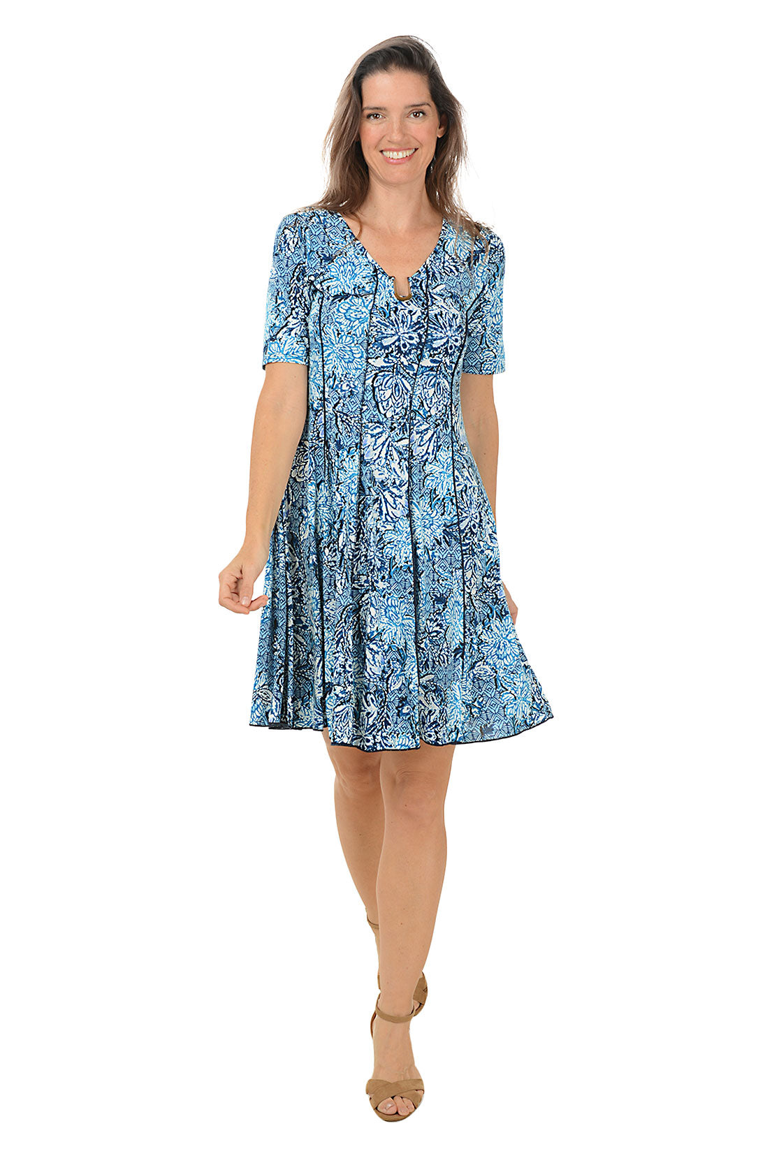 Floral Metallic U-Neck Short Sleeve Dress