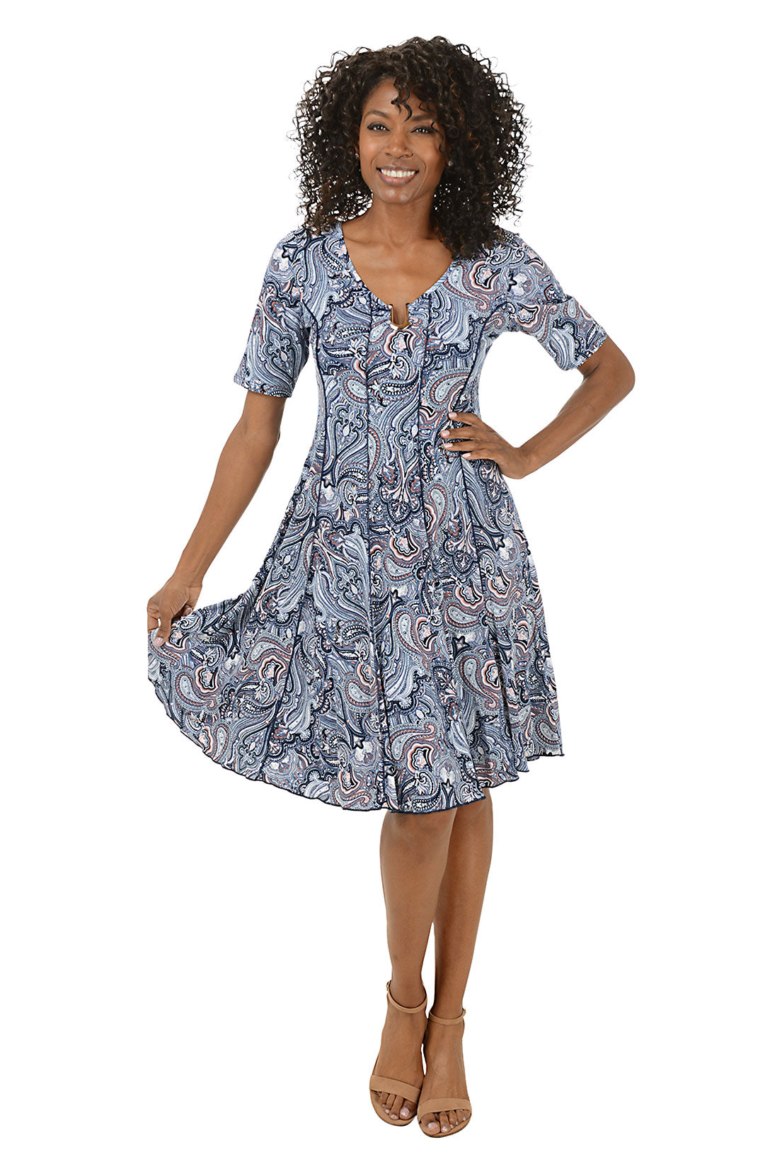 Paisley Metallic U-Neck Short Sleeve Dress