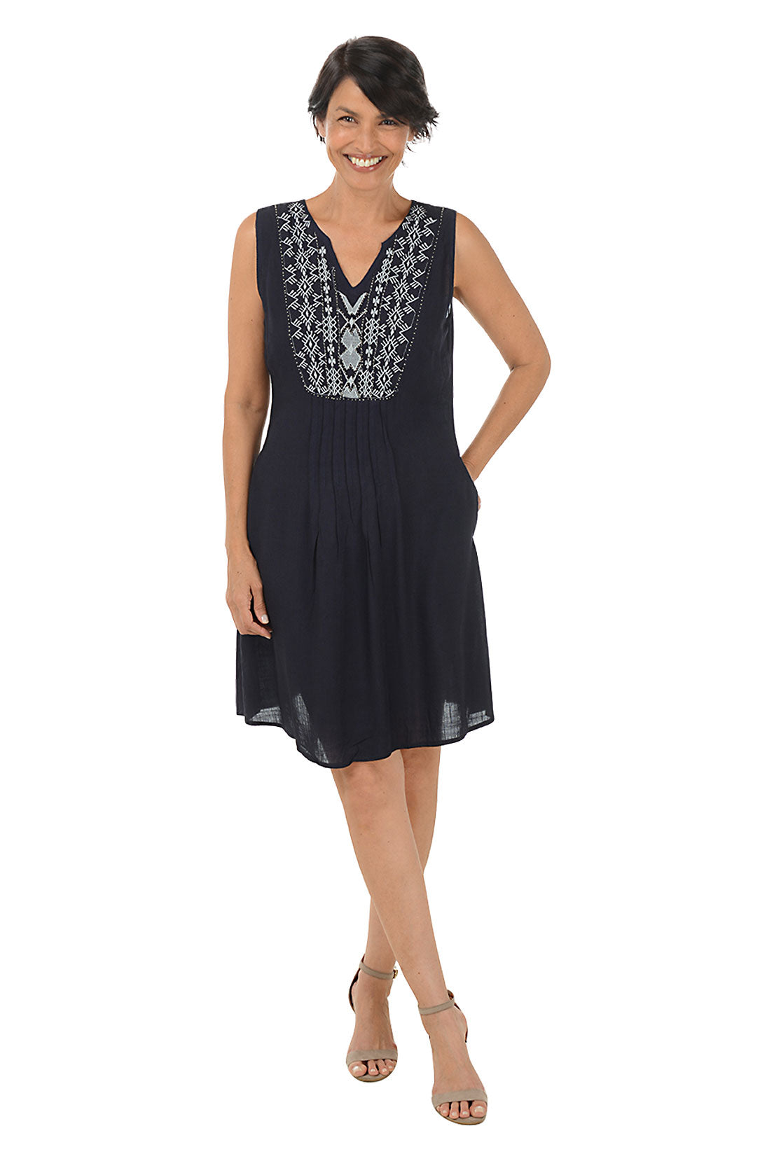 Navy Diamond Embroidery Pleated Sleeveless Dress