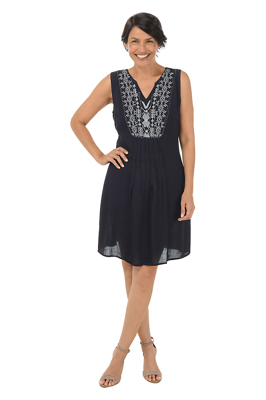 Navy Diamond Embroidery Pleated Sleeveless Dress