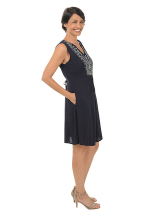 Navy Diamond Embroidery Pleated Sleeveless Dress