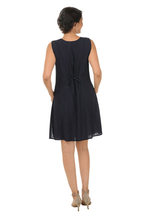 Navy Diamond Embroidery Pleated Sleeveless Dress