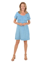 Chambray Rhinestone Leaf Short Sleeve Dress